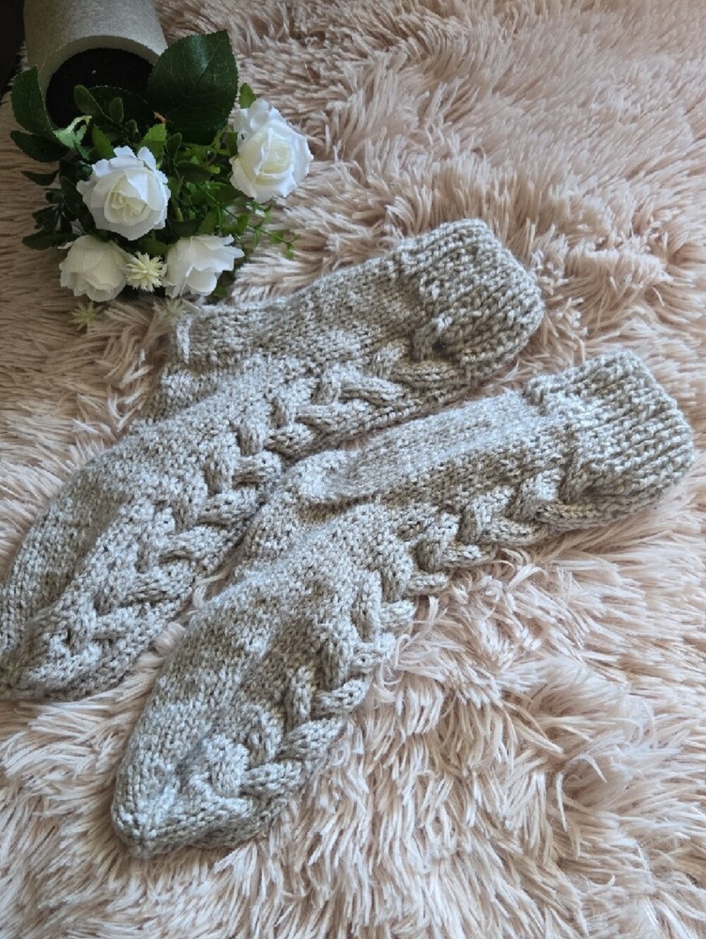 NEW Handmade Handknit Cable Knit Sleep Socks Neutral Gray Women's Lounge